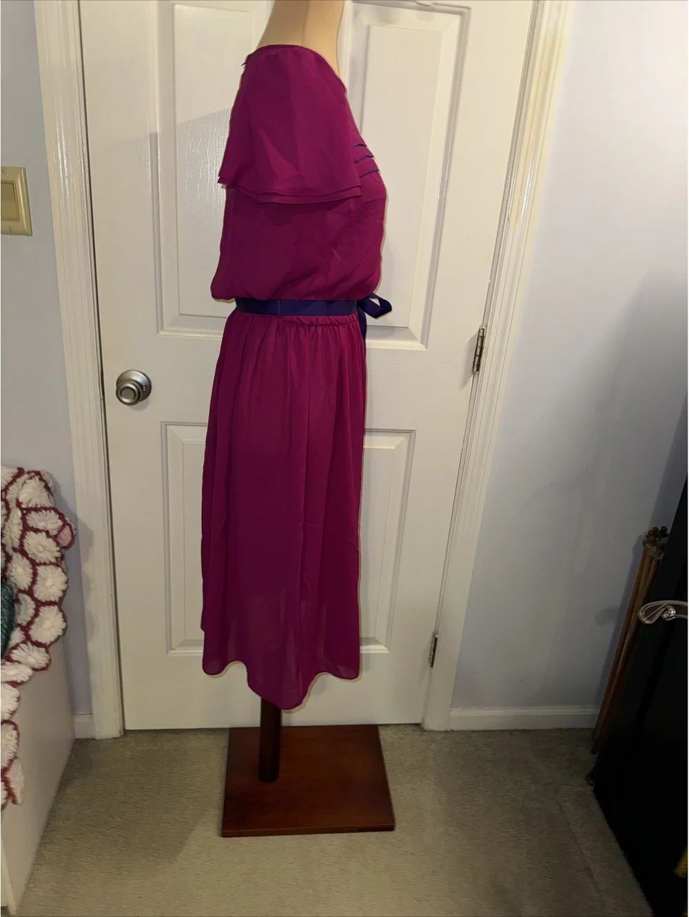 Vintage 80s Fushia Chiffon Boho Secretary Light Sheer Midi Dress size 6/8